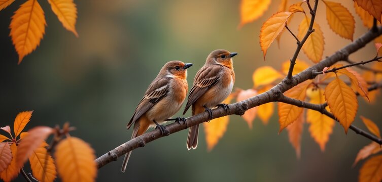 Two birds perch on autumn branch. Orange and brown feathered birds rest on a brown branch. Verdant leaves surround them. Autumn scenery. Tranquil moment in nature. Beautiful avian wildlife.