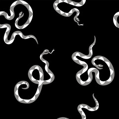 Obraz premium Magic snake in cartoon naive style on seamless on black background. Vector animal design element for children baby room decor, textiles print, fabric, sticker, clip art