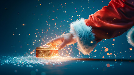 Santa Claus's hand opening a magical gift box with glowing light particles, against a blue background, in the style of a banner design, high-resolution photography, insanely detailed and intricate