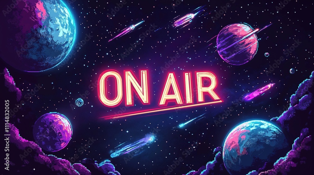 Poster the text “on air” lights up in the middle of a retro spaceship video game screen. there are planets 