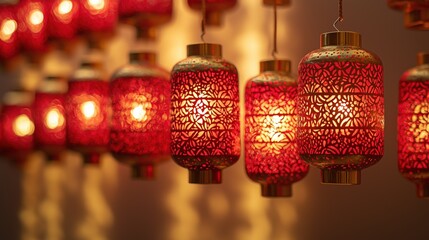 Bright red lanterns illuminate a festive atmosphere during a cultural celebration in the evening