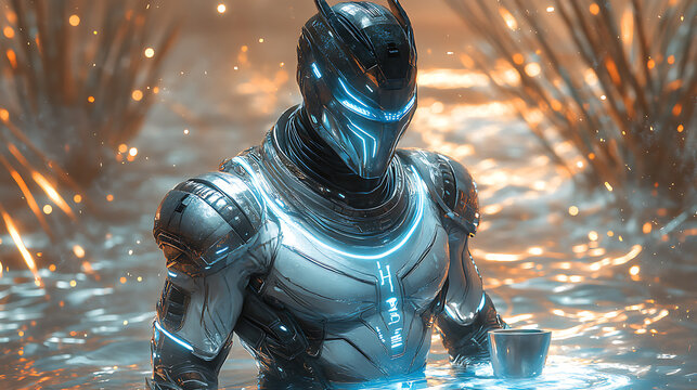 Hapi in glowing aquamarine armor with holographic rivers and an energy chalice, set in a cyber Nile with neon waves and glowing reeds