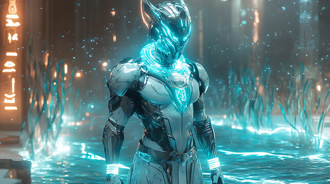 Hapi in glowing aquamarine armor with holographic rivers and an energy chalice, set in a cyber Nile with neon waves and glowing reeds