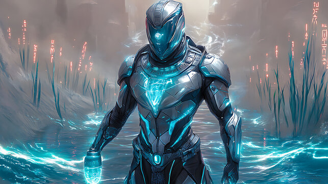 Hapi in glowing aquamarine armor with holographic rivers and an energy chalice, set in a cyber Nile with neon waves and glowing reeds
