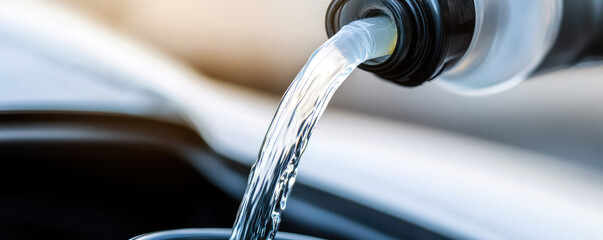 Obraz premium Pouring antifreeze closeup. Filling a car windshield washer tank with an antifreeze. Protecting the windshield from frost and ice in winter