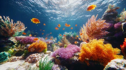 Naklejka premium Vibrant Coral Reef Scene with Tropical Fish in Clear Blue Water