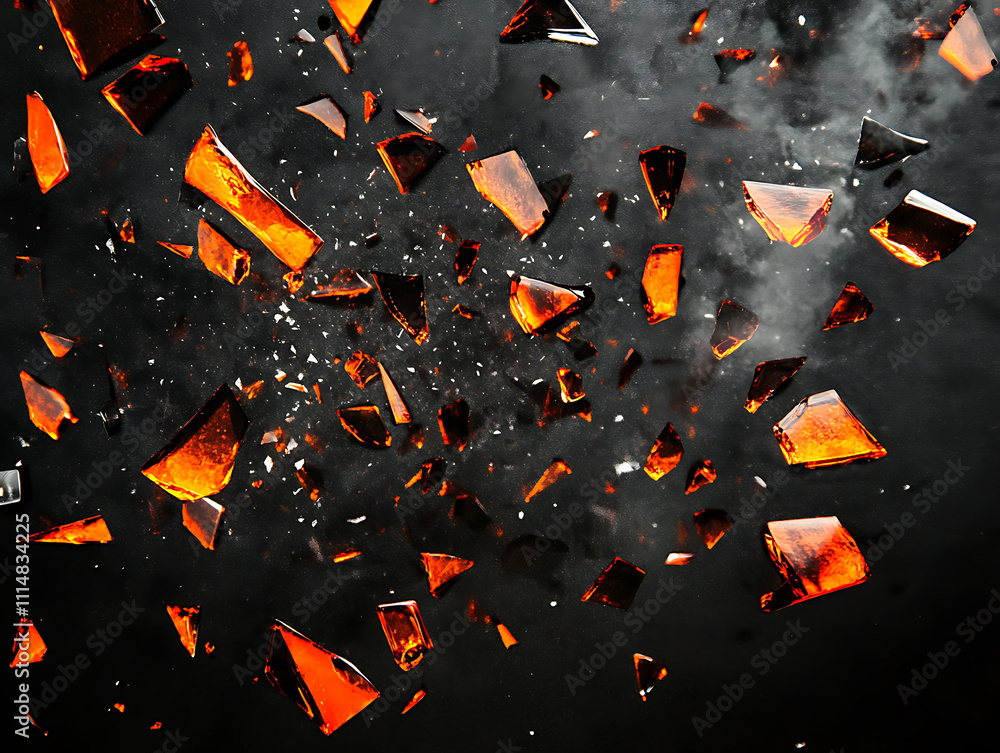 Poster shattered broken glass shards pieces on black background, for overlay and screen layer modes