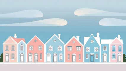 Fototapeta premium Pastel Colored Houses Line a Quiet Street Under a Blue Sky