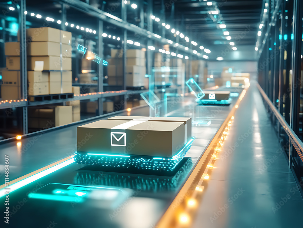 Poster Smart warehouse management system using augmented reality technology to identify package picking and delivery, future concept of supply chain and logistic busines