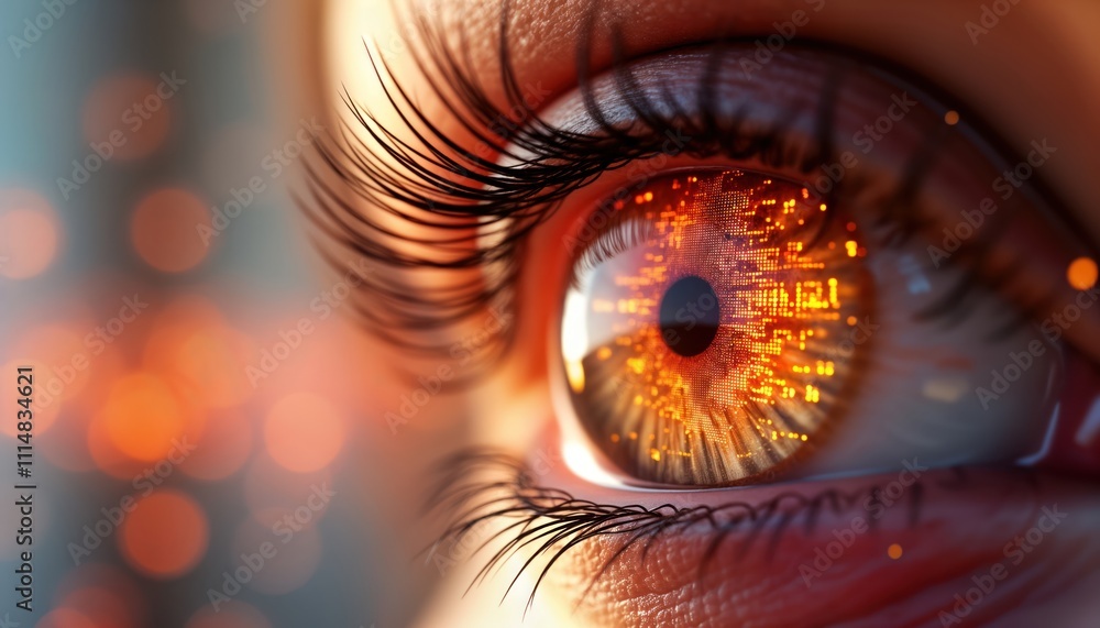 Aufkleber Closeup view of futuristic optical eye scanner. Advanced tech spy camera displays data network. Eyeball lens shows digital visual interface. High-tech surveillance system. Future concept. Advanced