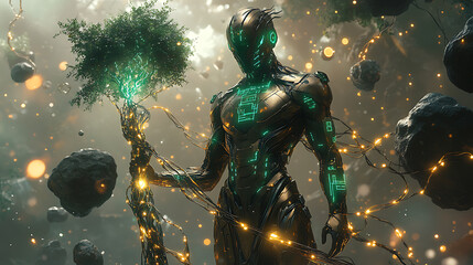 Geb in futuristic earth-inspired armor with glowing vines and a digital tree staff, surrounded by a neon-lit cyber landscape with floating rocks