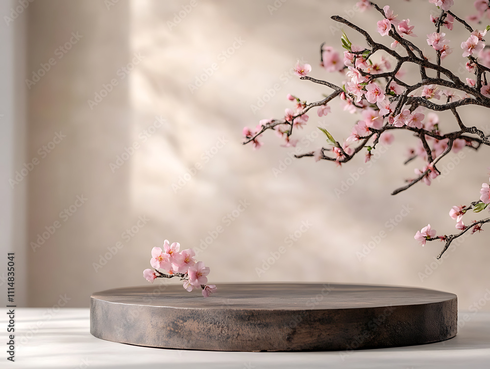 Poster spring cherry blossom product display podium for natural product, empty scene with sakura branch