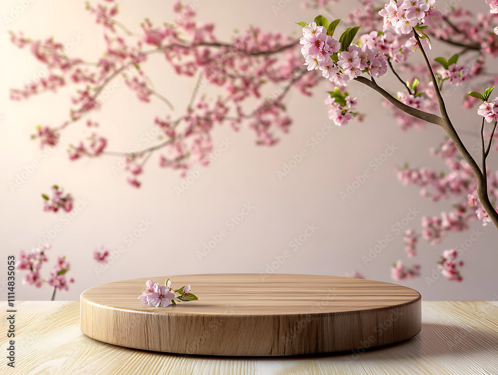 Poster spring cherry blossom product display podium for natural product, empty scene with sakura branch