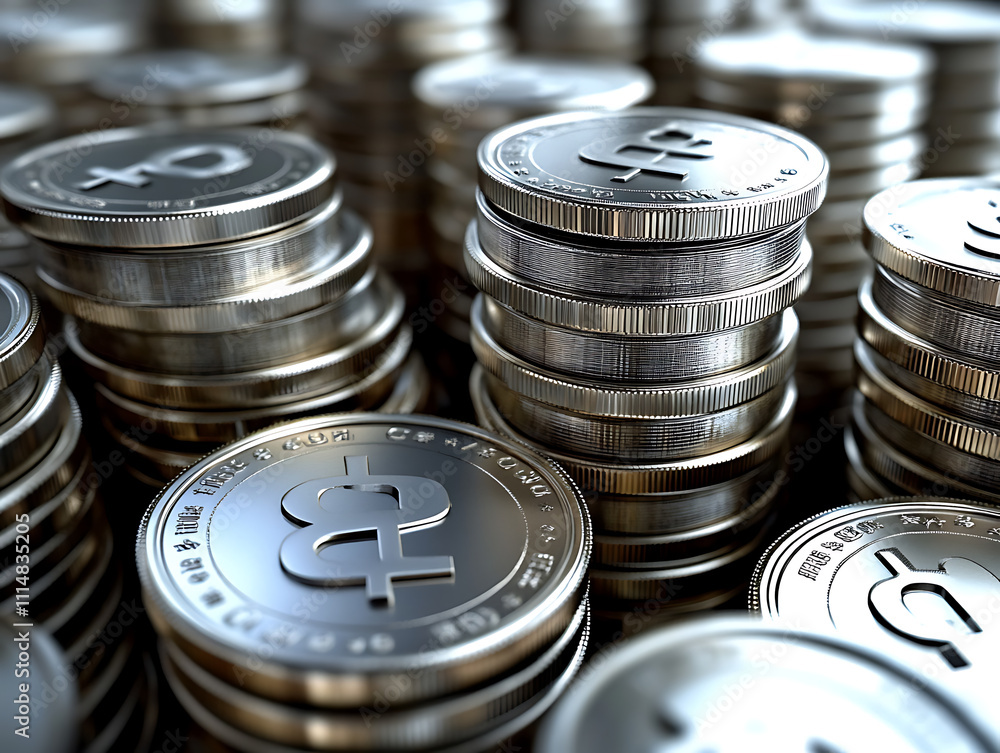 Poster Stacks of coins and percentage symbol showing idea of interest rates and value appreciation