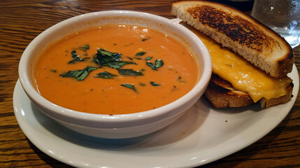 A creamy bowl of tomato basil soup, served with a grilled cheese sandwich on the side.