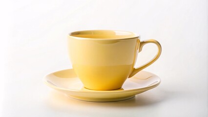 Obraz premium A pastel yellow cup for warm drinks and a good mood. Cup on a white background.
