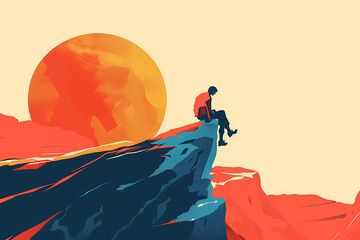 A solitary figure, likely male, sits on a rugged cliff, silhouetted against a vibrant sunset in warm hues, evoking a sense of tranquility and reflection.