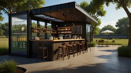 Obraz premium Modern shipping container cafe in a park setting with outdoor seating.