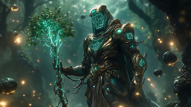 Geb in futuristic earth-inspired armor with glowing vines and a digital tree staff, surrounded by a neon-lit cyber landscape with floating rocks