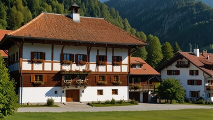 Traditional alpine house with mountain view.