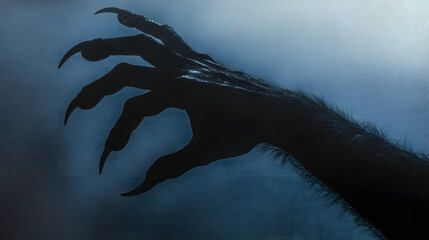 Shade of werewolf hands with fur and black claws on a blue background. The hand is reaching out, and the shadow is dark. Scary claw of werewolf, wolfman, or animal monster
