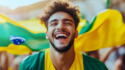 Happy young man football fan celebrating his team victory. Latino guy with Brazil flag laughing and smiling. Celebration of Independence Day, Labor Day, Proclamation of the Republic
