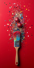A paintbrush with glitter, confetti and christmas balls on it against a red background.