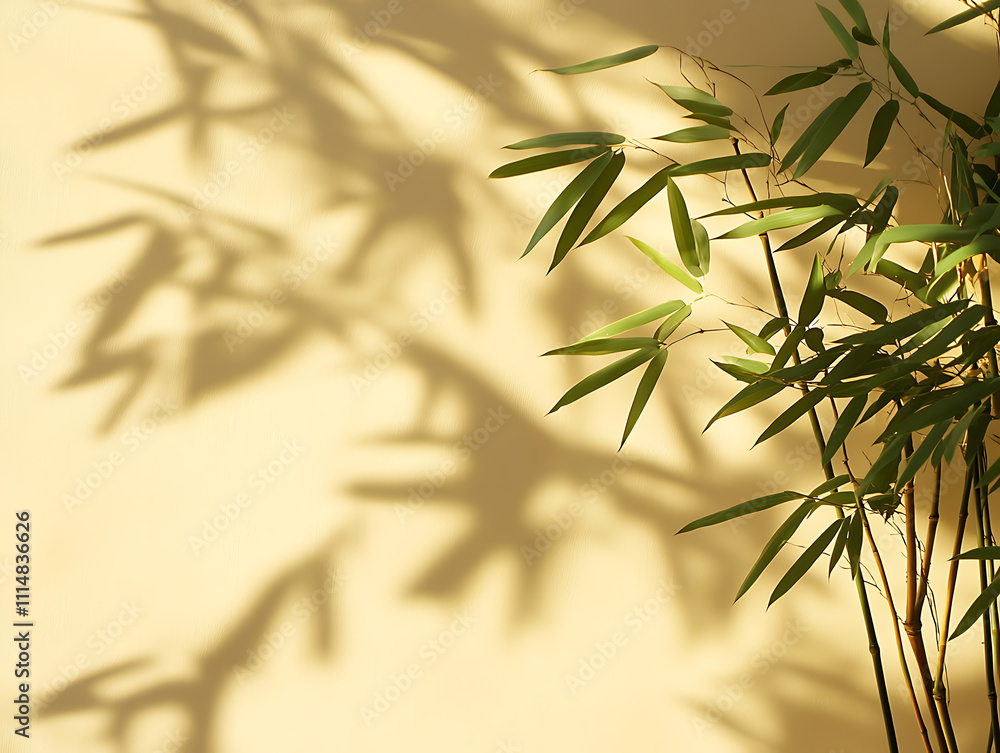 Poster tranquil bamboo background with shadows on a plain wall