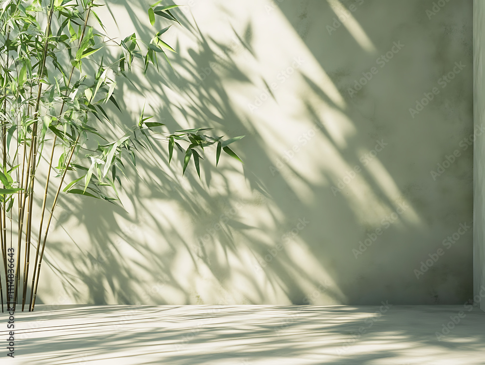 Poster tranquil bamboo background with shadows on a plain wall