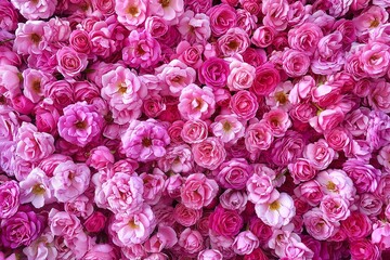 Floral background made of fresh pink damask roses. A large pile of pink damask roses in full bloom. Flat lay, top view.
