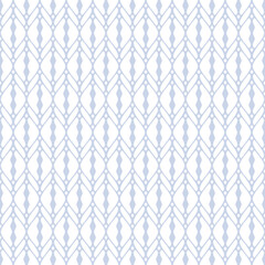 Fototapeta premium Vector lattice ornament. Elegant abstract geometric seamless pattern with curved lines, grid, net, mesh, leaf silhouettes. Subtle blue and white background. Simple minimal texture. Repeated geo design