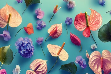 Colorful floral background. Pile of picked fresh flowers on vibrant background, flat lay. Beautiful spring colors fresh from the garden.

