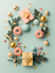 Beauriful Christmas composition made of Christmas decoration, gifts and fir branches on blue pastel background. Flat lay, top view.
