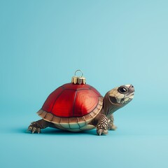 A cute baby turtle with a red christmas ornament-like shell on blue pastel background. Abstract minimal Christmas concept.
  