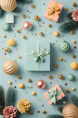 Beauriful Christmas pattern made of Christmas decoration, gifts and fir branches on blue pastel background. Flat lay, top view.
