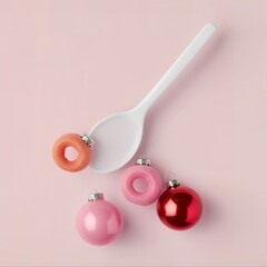 A white spoon with colorful christmas ornaments, the milk dripping on a pink background. A pastel aesthetic, simple and minimalistic.