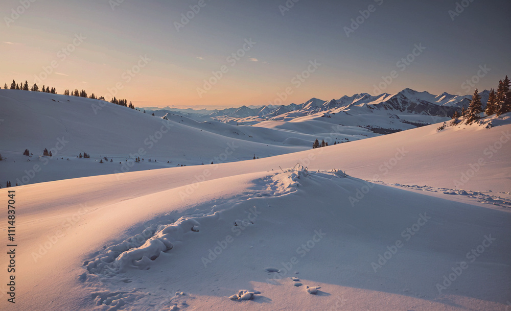 Poster snow covered mountain range with a snow covered hill in the foreground. the sun is setting in the ba
