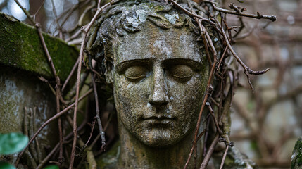 Obraz premium A crumbling statue in a deserted garden, with vines wrapped around its figure. The statue’s face is worn, appearing almost sorrowful.