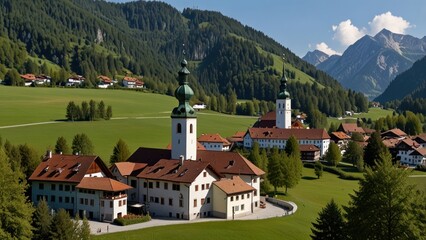 Picturesque village nestled in alpine valley with churches and mountains.