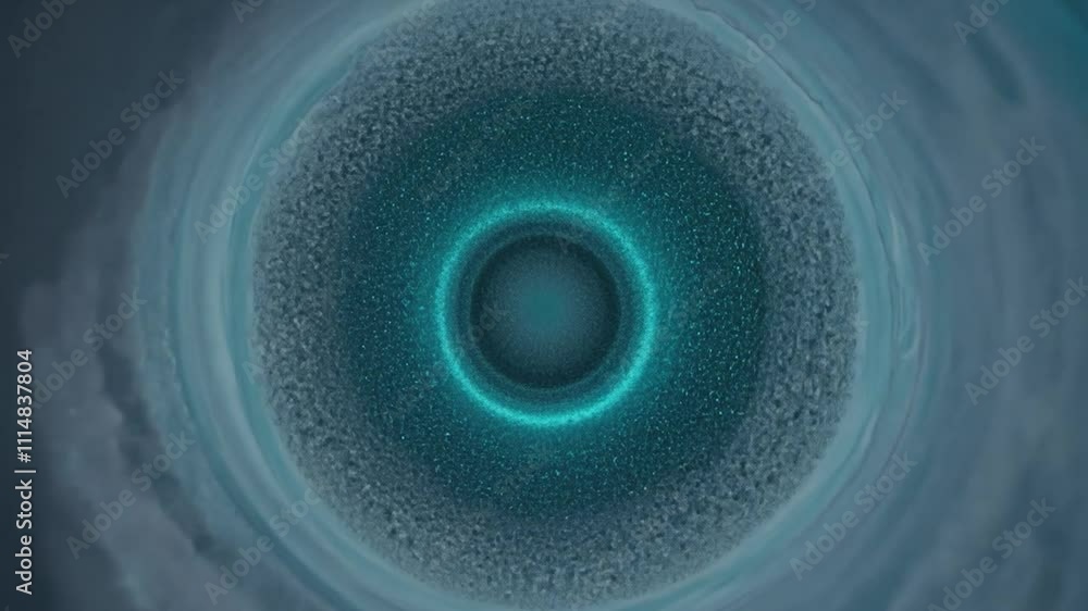 Poster turquoise energy vortex rotates, surrounded by shimmering particles. seamless loop animation creates
