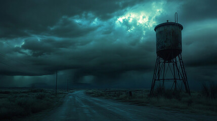 A decaying water tower beside an empty dirt road, glowing with faint blue flames that contrast the dark, cloudy sky.
