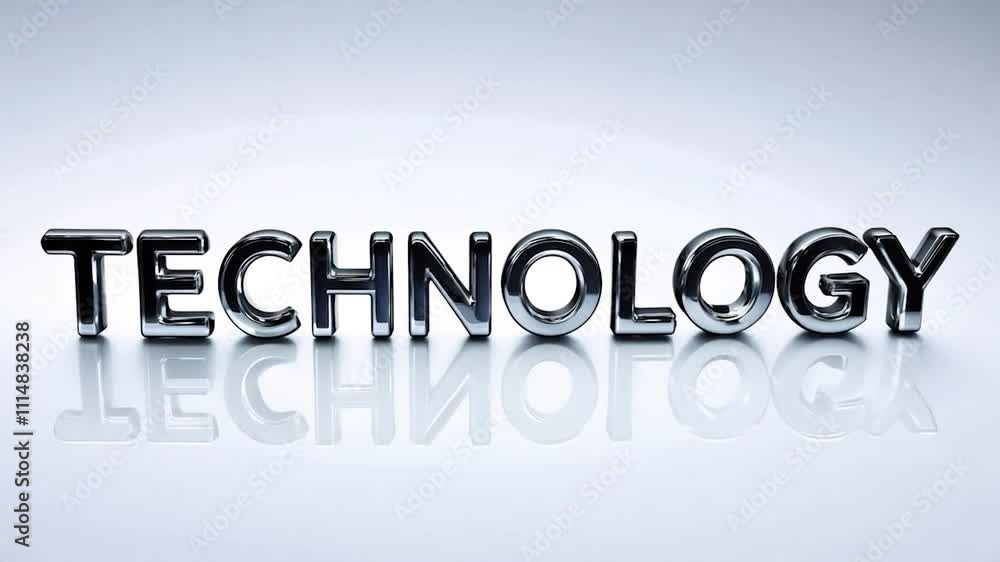 Poster metallic 3d letters forming the word technology reflect on a white background while changing perspec