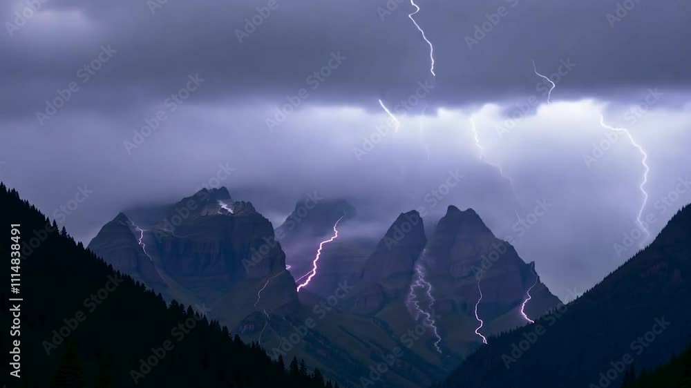 Poster lightning bolts simultaneously striking the peaks of a mountain range create a dramatic display of n