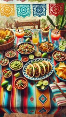 Traditioneller mexikanischer Esstisch: Tacos, Guacamole und Margarita-Genuss