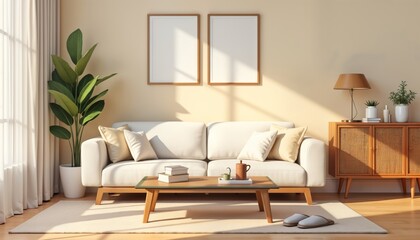 Fototapeta premium Cozy living room interior featuring modular sofa beige wall carpet glass coffee table rattan sideboard slippers wooden bench stylish lamp, personal accessories. Sunlight streams into room. Warm,