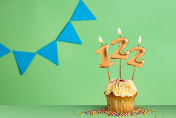 Birthday card with number 122 candle - Cupcake on a green background with blue pennants.