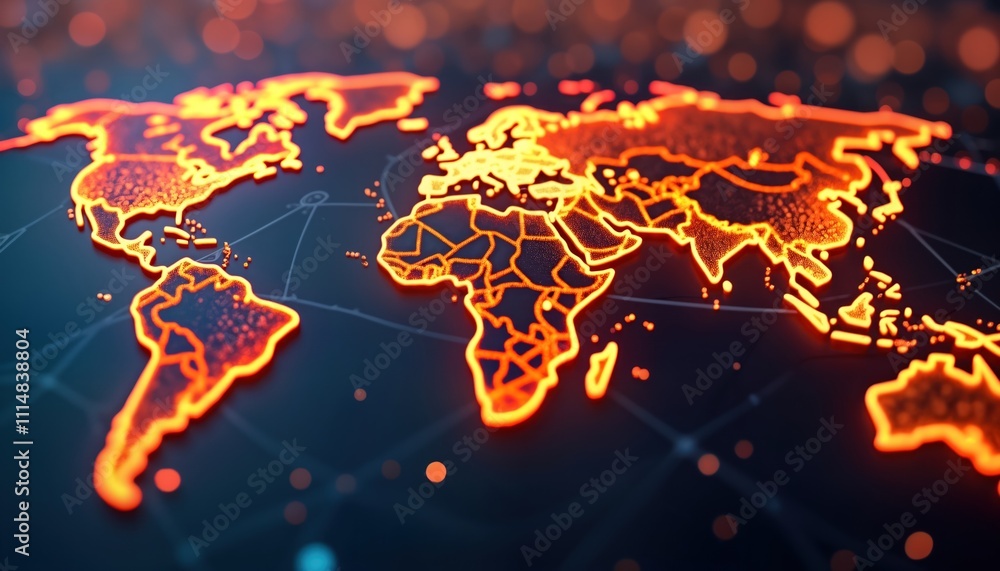 Poster Global map illuminated by glowing orange lines highlight countries. Tech lines connect countries. World tech interconnectedness concept. Global communication network. International tech. Global