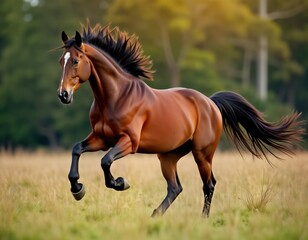 Majestic brown horse galloping freely in field. Horse runs fast in green meadow. Beautiful animal with flowing mane, tail. Image perfect for nature lovers farm-life enthusiasts. Ideal for equestrian
