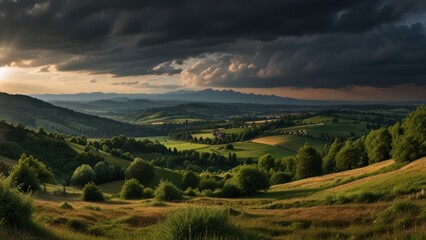 Obraz premium Dramatic sunset over rolling green hills and valleys.