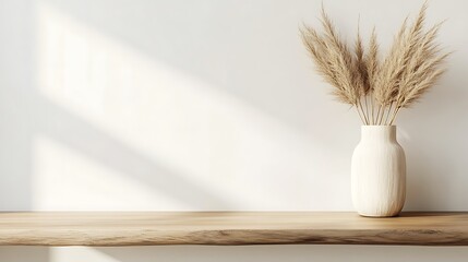 Naklejka premium A minimalist shelf with a vase of dried pampas grass against a light wall.